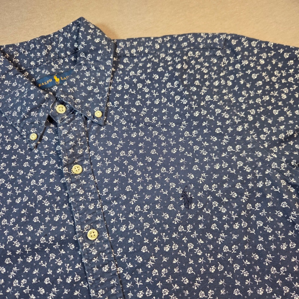 Ralph Lauren Mens Navy Blue Floral Cotton Short Sleeve Button Down Shirt Medium